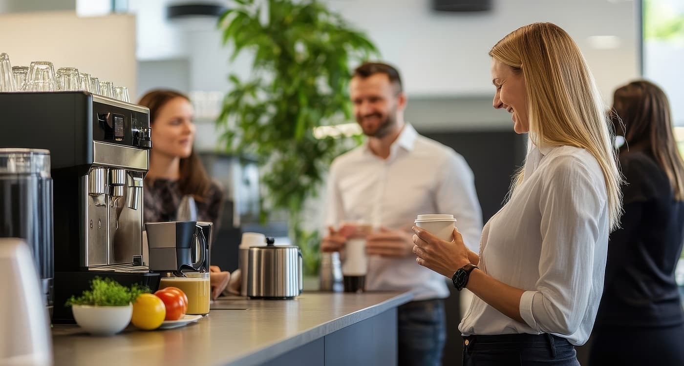Mitarbeiter in Büro im Gespräch vor einer Kaffeemaschine