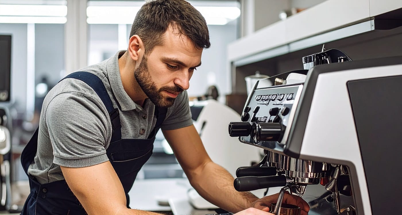 Servicetechniker einer Firma für Kaffeemaschinen wartet einen Kaffeevollautomaten